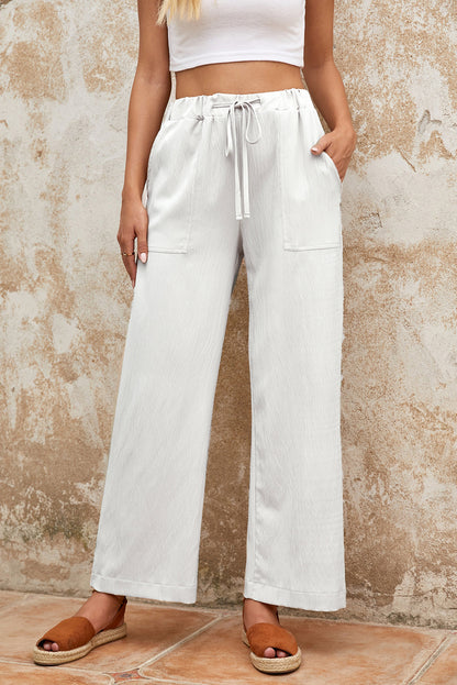 Drawstring Waist Crinkled Wide Leg Pants