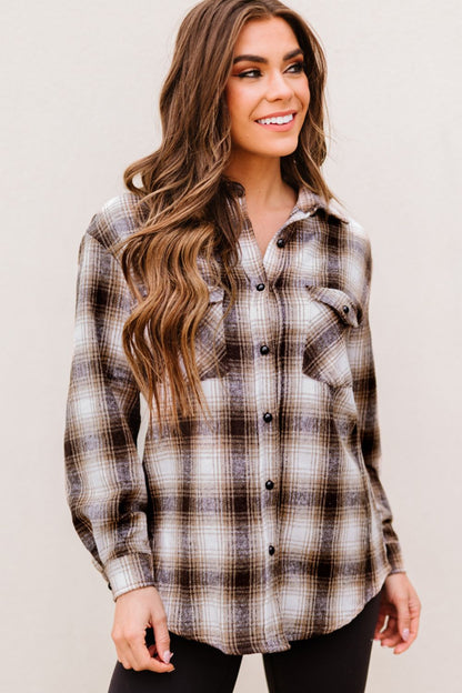 Plaid Button-Up Curved Hem Shirt with Breast Pockets