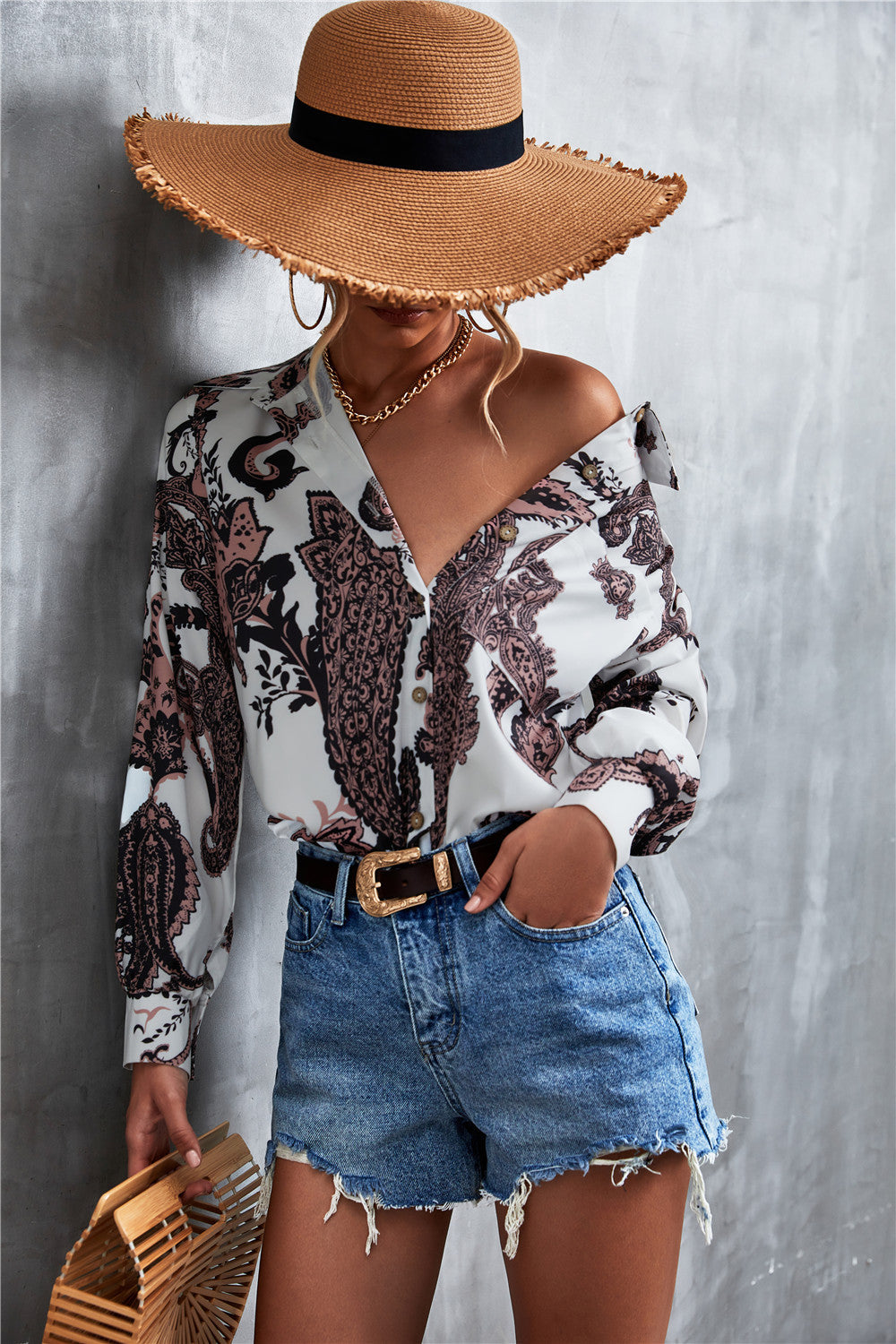 Printed Button Down Long Sleeve Shirt