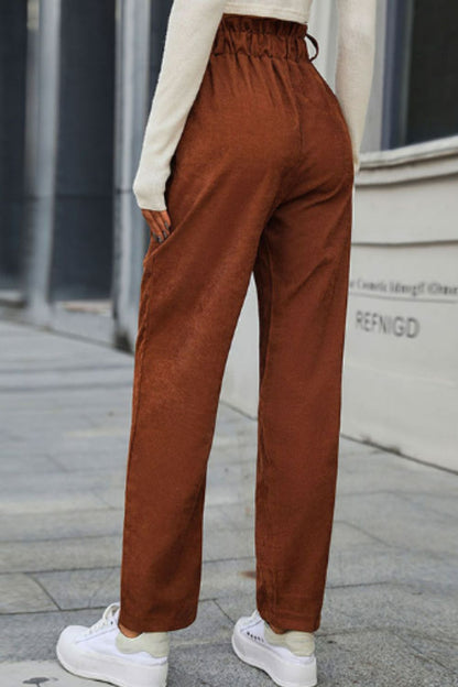 Paperbag Waist Straight Leg Pants with Pockets