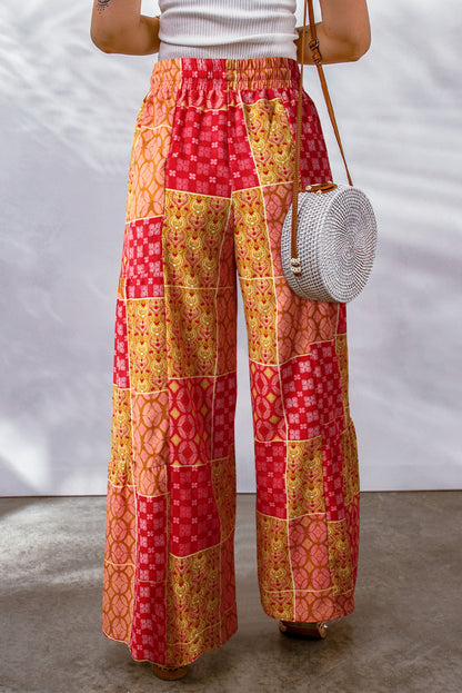 Bohemian Patchwork Drawstring Wide Leg Pants