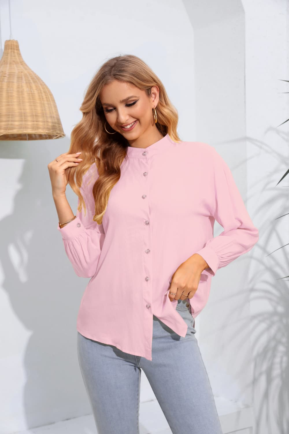 Mock Neck Buttoned Long Sleeve Shirt