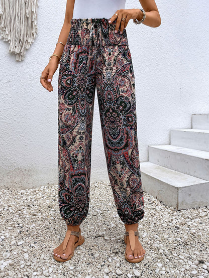 Paisley Print Smocked High-Waist Pants