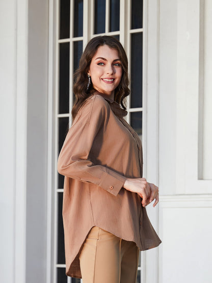 Dropped Shoulder Collared High-Low Shirt