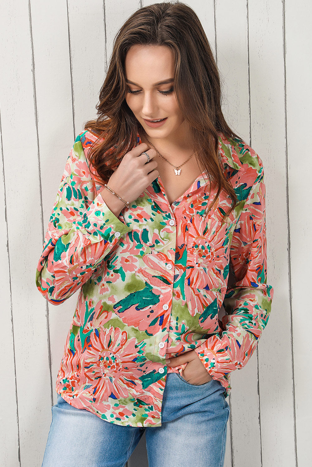 Floral Long Sleeve Collared Shirt