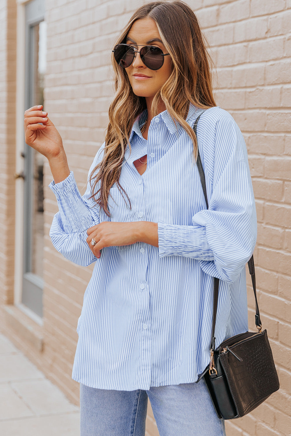 Striped Lantern Sleeve Collared Shirt