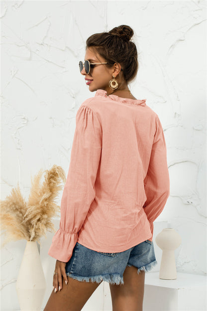 Frill Trim V-Neck Flounce Sleeve Shirt